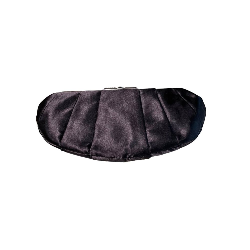 Black Satin‎ Evening Bag trimmed with silver tone metal and a rhinestone clasp